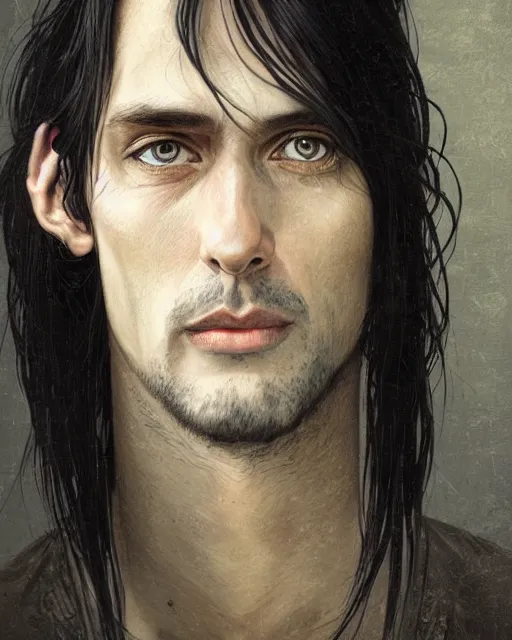 Image similar to portrait of tall, 3 3 - year - old handsome man with long dirty black hair, and grey eyes, wearing black clothes, clear face, hyper realistic face, beautiful eyes, close up, fantasy art, in the style of greg rutkowski, intricate, alphonse mucha, hyper detailed, smooth