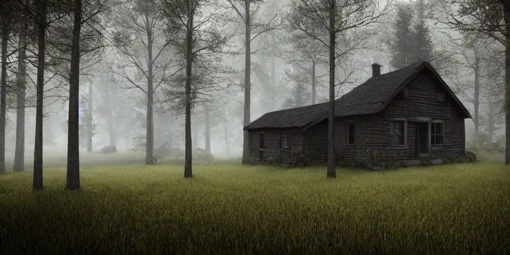 Image similar to lone cottage in the woods and empty woods, 8k, fantasy, hyper realistic, atmospheric, cinematic