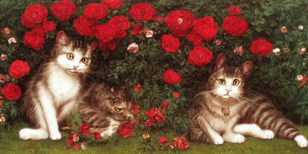 Prompt: 3 d precious moments plush cat with realistic fur and an dark red / medium red / reddish brown / deep purplegray color scheme, field of flowers, master painter and art style of john william waterhouse and caspar david friedrich and philipp otto runge
