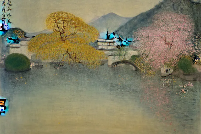 Image similar to an ultradetailed landscape painting of westlake in china hangzhou, light yellow may flowers blossoms nearby, autumn wind, chinese water color, smooth, sharp focus, illustration, by hilma af klint, 8 k