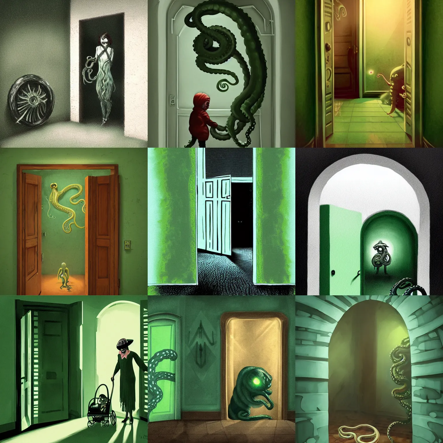 Prompt: a 1920s horror picture of a tentacle entering in a green room with paper walls by the door, with backlight, seeing a baby stroller, love craft, chtulhu, terror, 8k, artstation, pulp