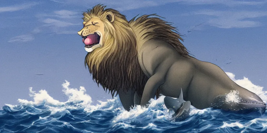 Image similar to close up of a lion hybrid with whale, spirited away