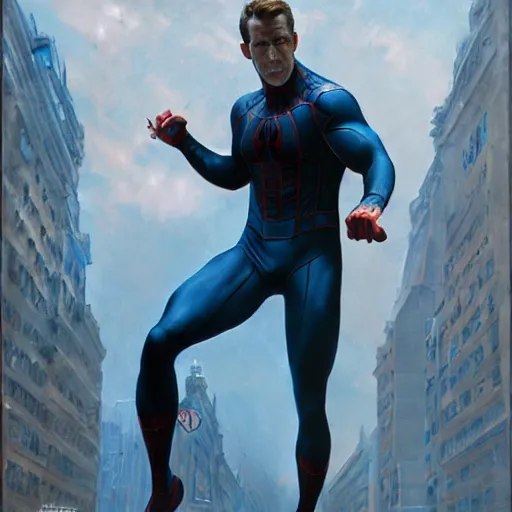 Image similar to ryan reynolds as spider - man, wearing a black and blue suit, cinematic, volumetric lighting, f 8 aperture, cinematic eastman 5 3 8 4 film, photorealistic by greg rutkowski, by stanley artgerm, by alphonse mucha