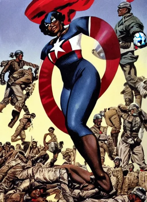 Prompt: beautiful black female captain america standing on a pile of defeated german soldiers. feminist captain america wins wwii. afro. american wwii propaganda poster by james gurney