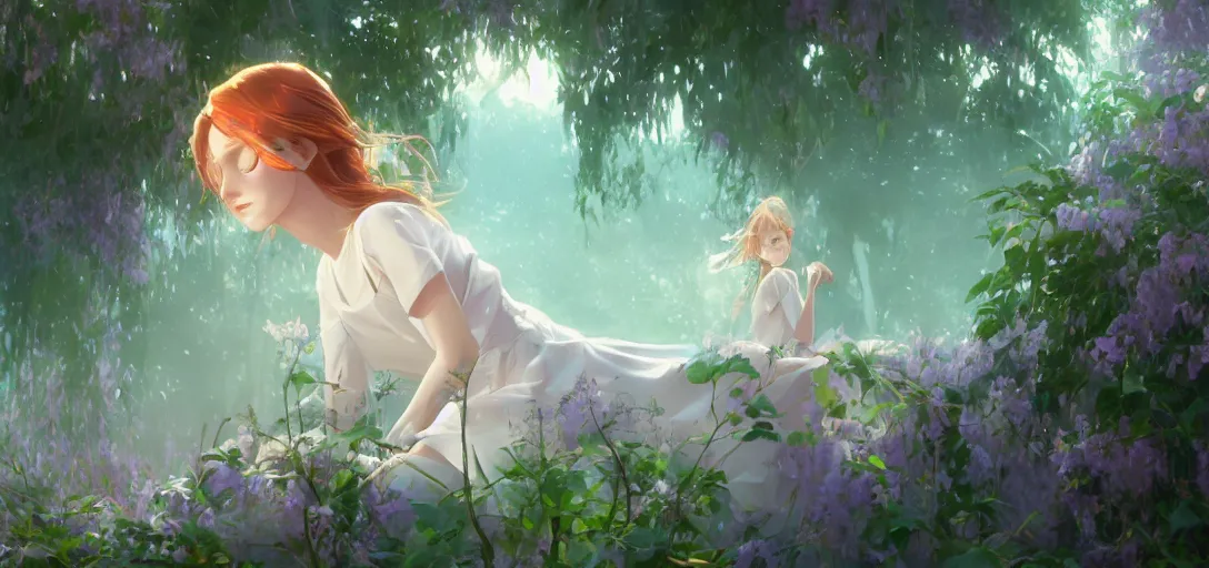 Prompt: a beautiful southern woman named Savannah, innocent, somber turquoise eyes, freckles, long ginger hair tied with white ribbon, sad under a wisteria plant, gentle lighting, storm in the distance, simple dress, digital art by Makoto Shinkai ilya kuvshinov and Wojtek Fus, digital art, concept art,