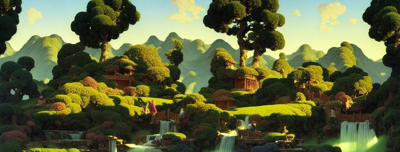 Image similar to a gorgeous landscape painting by barlowe wayne maxfield parrish and marco mazzoni. early spring morning. bench terrace. close - up shot on hyper detailed trees has just sprouted!! tyndall effec, light effect. chinese village. china waterwheel. the winding steps, waterfall from the mountain. ultra clear detailed. highly detailed, 3 d, octane render.