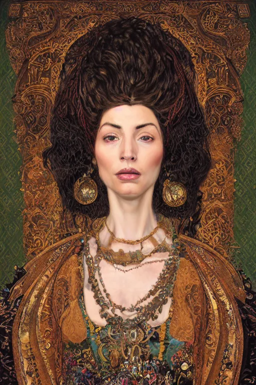 Image similar to portrait, headshot, digital painting, of a 17th century, beautiful, middle aged, middle eastern, wrinkles, decadent, cyborg noble woman, dark hair, amber jewels, baroque, ornate dark green opulent clothing, scifi, futuristic, realistic, hyperdetailed, concept art, chiaroscuro, side lighting, art by gustav klimt