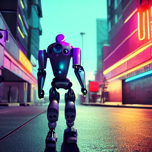 Prompt: robot walking the streets of thriving futuristic cyberpunk city at night, lit by the neon signs and streetlights, 3d, Unreal Engine, octane render, ray tracing, Unity, highly detailed, high quality, HD, 4k, 8k, realistic, sharp, no blur, edited, corrected, trending