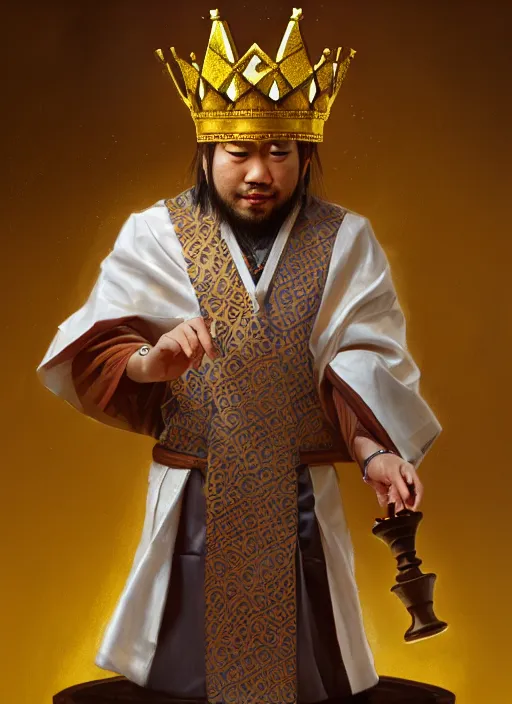 Prompt: gm hikaru nakamura dressed as a king, with a chess piece as a crown, artstation, extremely detailed artgerm, greg rutkowski