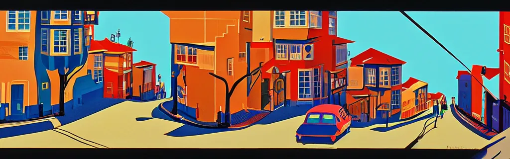 Image similar to san francisco sloped street, gouache, animated film, stylised, illustration, by eyvind earle, scott wills, genndy tartakovski, syd mead