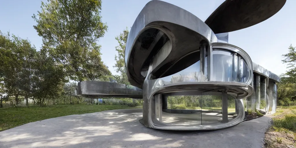 Image similar to futuristic residence, made of corrogated steel half tubes