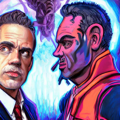 Prompt: Jordan Peterson fighting the postmodern-neomarxist monster, fantasy style, 4K, trending on Artstation