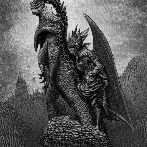 Prompt: dark fantasy illustration of tinkerbell godzilla, drawn by gustave dore