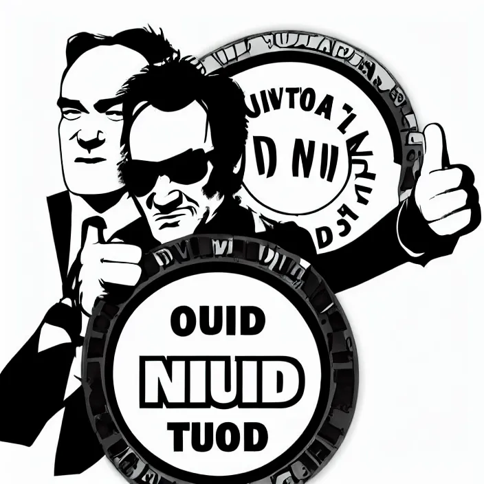 Image similar to quentin tarantino seal of approval, giving thumbs up. white background.