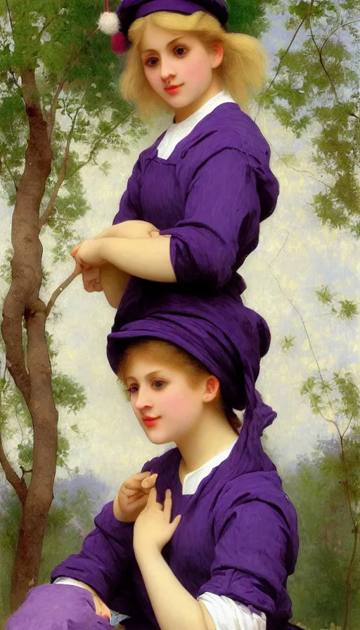 Prompt: A full body image of a cute mystical girl with short blond hair wearing an oversized purple Beret, Baggy Purple overall shorts, Short Puffy pants made of silk, pointy jester shoes, a big billowy scarf, Golden Ribbon, and white leggings Covered in stars. Short Hair. Sunlit. Fortune teller. Haute Couture. Art by william-adolphe bouguereau and Paul Delaroche and Alexandre Cabanel and Lawrence Alma-Tadema and Johannes Helgeson and WLOP. Smooth. Elegant. Highly Detailed. Intricate. Surrounded by clouds. 4K. UHD. Denoise.