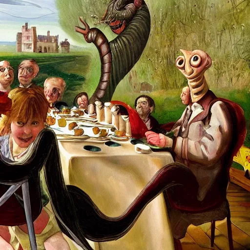 Image similar to a giant worm disrupting a tea party in england, painting, beautiful art,