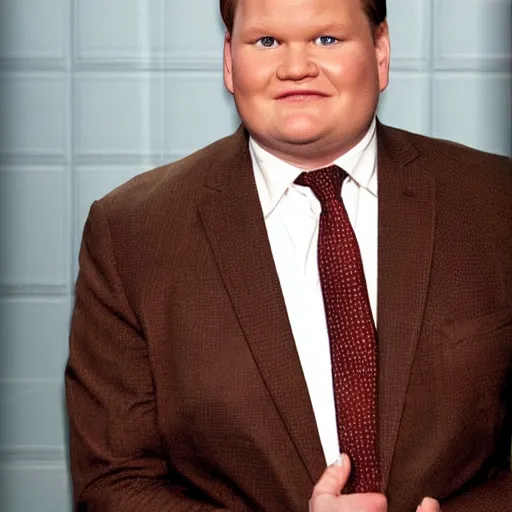 Image similar to Andy Richter is wearing a chocolate brown suit and necktie. Andy is standing under the running water of a shower head. Water is dripping from the suit and necktie.