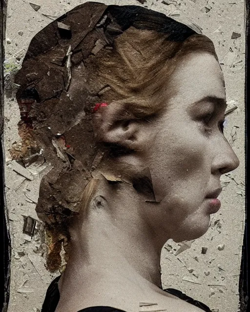 Prompt: a woman's face in profile, made of broken shards, in the style of the Dutch masters and Gregory Crewdson, dark and moody