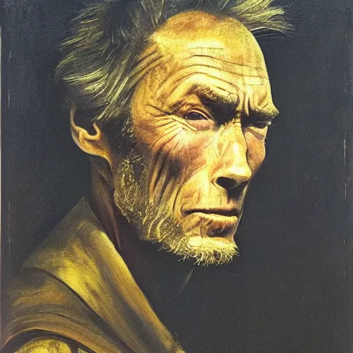 Prompt: wide eyed clint eastwood by rembrandt, startled facial expression, open mouth, intricate, ultra detailed painting, atmospheric lighting, golden hour