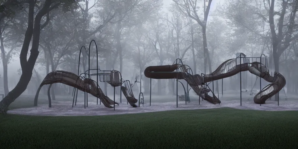 Image similar to foggy spooky play ground with swings and slides at night, dark, haunted by ghosts of children, 3d art, octane render, 6K award winning