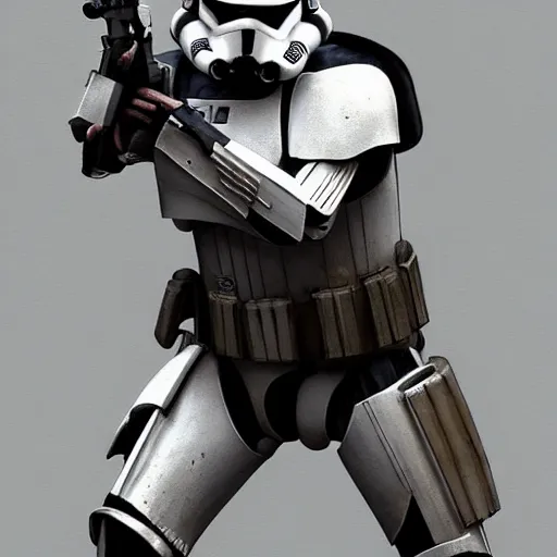 Image similar to full body shot of an imperial stormtrooper in battle position ready to shoot his blaster concept art by Doug Chiang cinematic, realistic painting, high definition, very detailed, extremely high detail, photo realistic, concept art, the Mandalorian concept art style