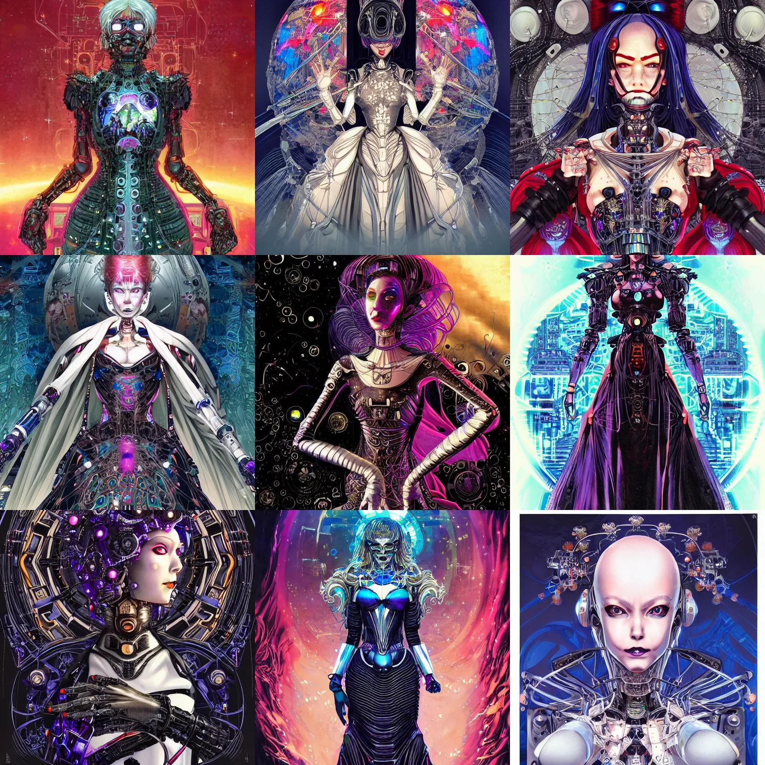 Prompt: portrait of a beautiful cyborg crazy witch wearing a luxurious dress, artificial intelligence, face is highly detailed, symmetrical, global illumination, by masamune shirow, dan mumford, ayami kojima, josan gonzalez, yoshitaka amano, barclay shaw