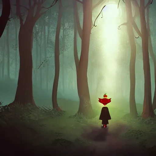 Image similar to in a dark forest, a small girl with a lantern finds a path leading to a strange castle.