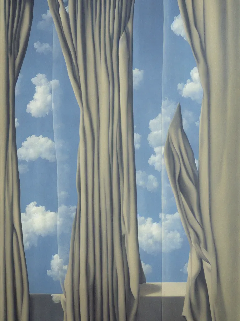 Prompt: curtains are clouds by rene magritte, detailed painting, hd, hq, high resolution, high detail, 4 k, 8 k