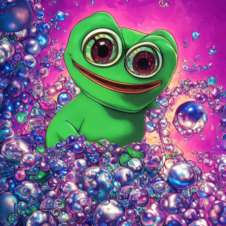 Image similar to maximalist detailed gemstone pepe the frog by adoryanti, machine. delusions, holosomnia, electrixbunny, rendered in discodiffusion. decorated with pearls and gems, behance hd by jesper ejsing, by rhads, makoto shinkai, ilya kuvshinov, rossdraws global illumination ray tracing hdr radiating a glowing aura