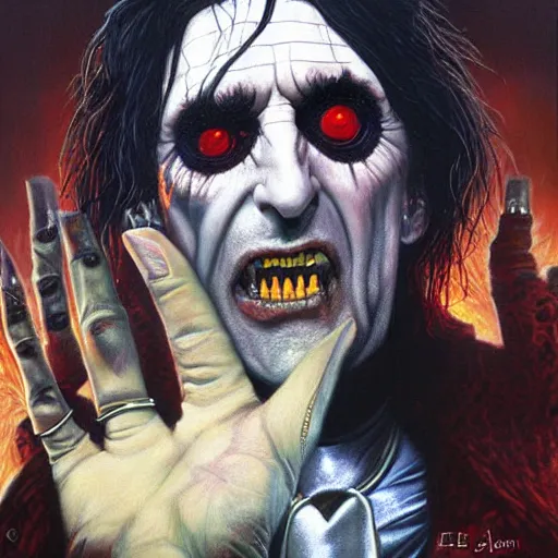 Image similar to a hyperrealistic painting of Alice Cooper as a boss in Elden Ring by Jason Edmiston,