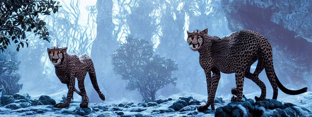 Image similar to large black sabretooth cheetah with shiny blue fish scales skin and silver lightning tail, walking in a dense alien snow covered frosty jungle, with snow covered colourful red, blue and purple plants, large vines, snow covered arched organic rock structures, in the style of monster hunter world, like concept art on artstation, hyperdetailed, vray render, octane render,
