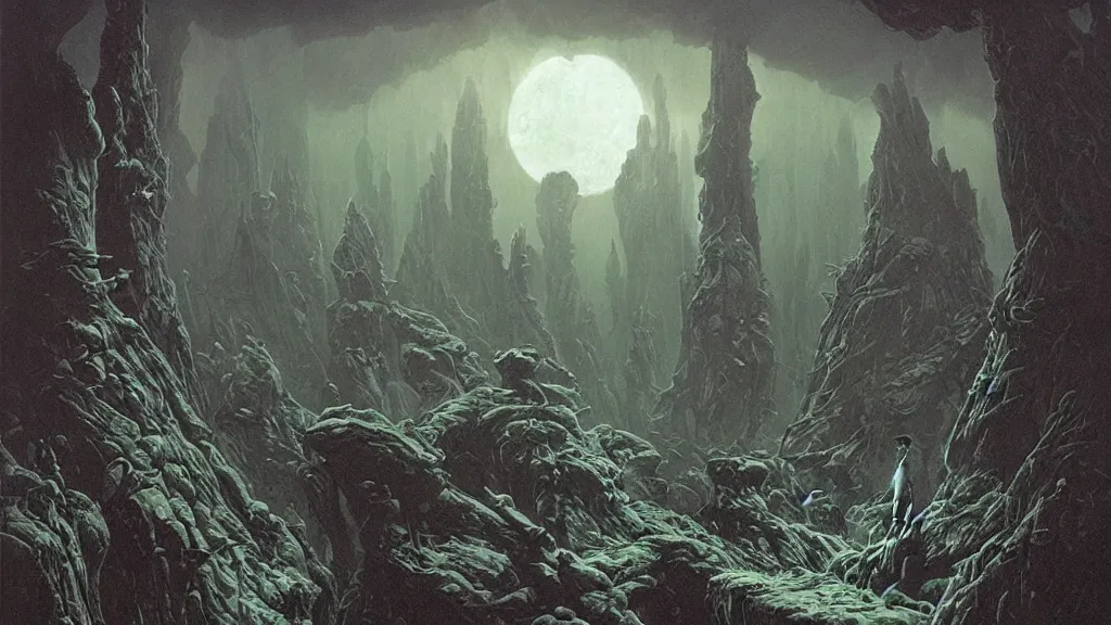 Image similar to eerie atmospheric alien worlds by michael whelan and bernie wrightson, epic cinematic matte painting