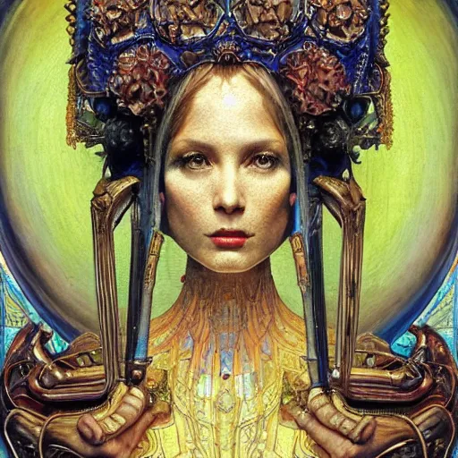 Prompt: baroque portrait of an art deco machine priestess, reflective detailed textures, highly detailed fantasy science fiction painting by annie swynnerton and jean delville and moebius, norman rockwell and william holman hunt. modern industrial shaman, rich colors, high contrast. artstation