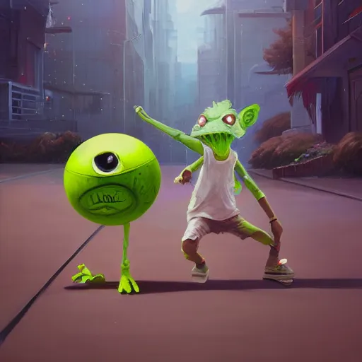 Image similar to highly detailed vfx character of a skateboarding tennis ball monster, skateboard stephen bliss, chalk, unrealengine, greg rutkowski, loish, rhads, beeple, chalk, makoto shinkai and lois van baarle, ilya kuvshinov, rossdraws, tom bagshaw, basil gogos