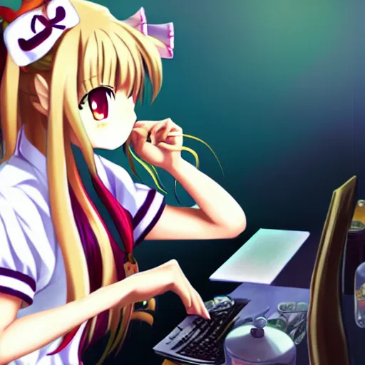 Prompt: suika ibuki from touhou project drinking beer and sitting at a computer, anime art, touhou project, suika, imageboard, personal computer, amazing composition