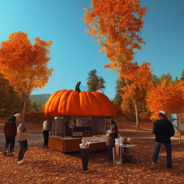 Image similar to pumpkin headed people ordering coffee at a coffee stand, maple trees with fall foliage, on a mountain in new hampshire, volumetric, realistic, cinematic lighting, ray tracing, unreal engine 5, octane render, hyper realistic, photo, 8 k