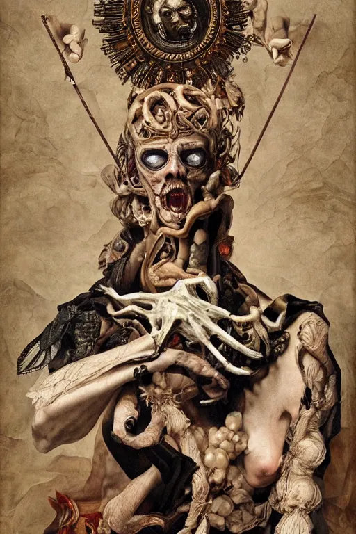 Prompt: Detailed maximalist portrait a Greek god with large white eyes and an angry face, fleshy skeletal body, HD mixed media 3d collage, highly detailed and intricate, surreal illustration in the style of Caravaggio, dark art, baroque