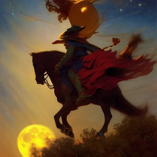 Image similar to attractive male witch magically flying trough the night, fantasy, full moon in background. highly detailed painting by gaston bussiere, craig mullins, j. c. leyendecker, mid shot, 8 k