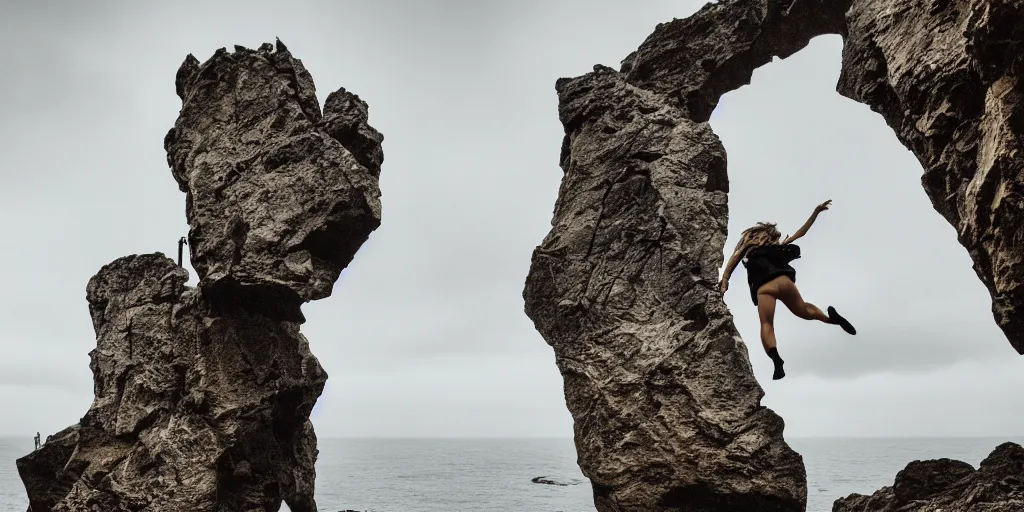 Image similar to catgirl jumping through a precipice on the coast up high, waves shattering on the rock, dramatic atmosphere, gloomy rainy weather, cinematic