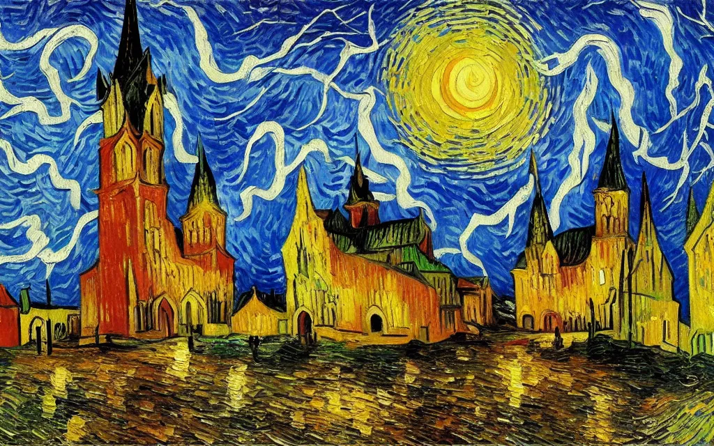 Image similar to expressionist oil painting by van gogh of lightning storm over a tall gothic church, landscape painting, expressionism, 8 k resolution detailed art, small brushstrokes, watercolor palette