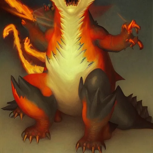 Image similar to Painting of a Charizard as Godzilla. Art by william adolphe bouguereau. During golden hour. Extremely detailed. Beautiful. 4K. Award winning.