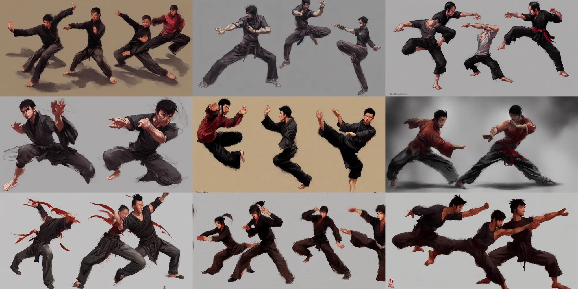 Prompt: kungfu taichi karate action motion poses extreme foreshortening extreme perspective techniques sketches greg rutkowski extreme foreshortening