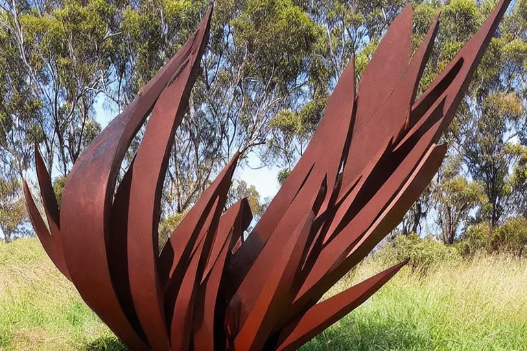 Image similar to “dramatic award-winning corten steel sculpture in an Australian wetlands”