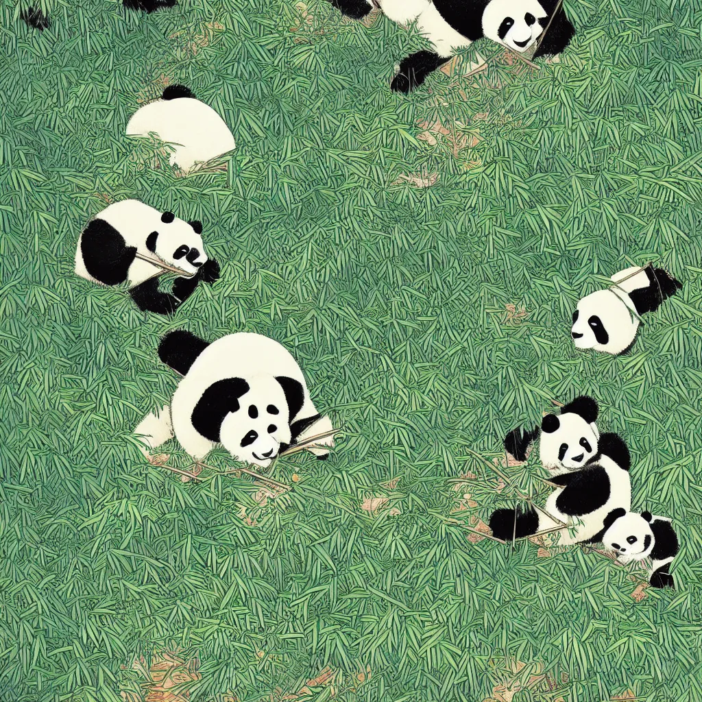Image similar to isometric view illustration of a bamboo forest and panda eating bamboo, highly detailed mid day by victo ngai
