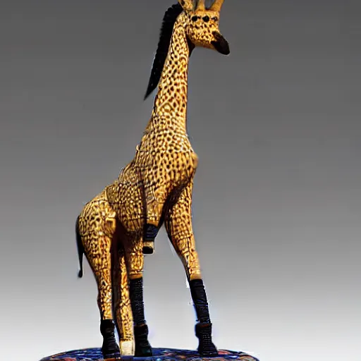 Prompt: realistic ceramic giraffe sitting on top of a table, egyptian art by luca della robbia, featured on zbrush central, mingei, made of beads and yarn, sharp details, colorful hues, made of wrought iron, made of insects