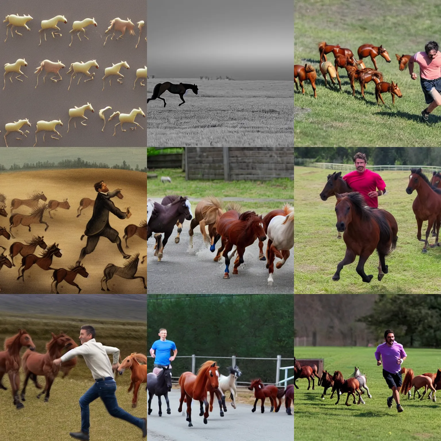 Prompt: a man running away from many tiny horses