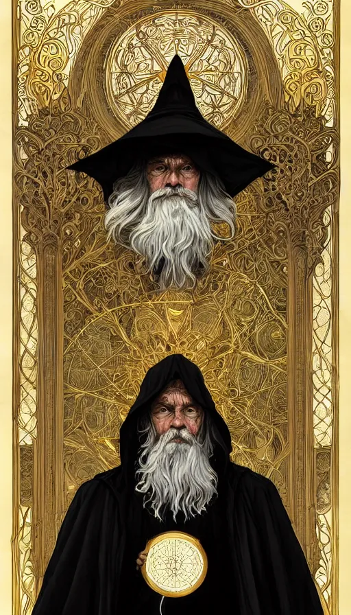 Prompt: an old man with a light, a black cloak and a white beard, highly detailed, very intricate, art nouveau, gold filigree, left right symmetry, tarot concept art watercolor illustration by mandy jurgens and alphonse mucha and alena aenami, featured on artstation