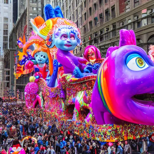 Prompt: photo of giant parade float by lisa frank and hr giger in the macys thanksgiving parade, detailed 4 k photo