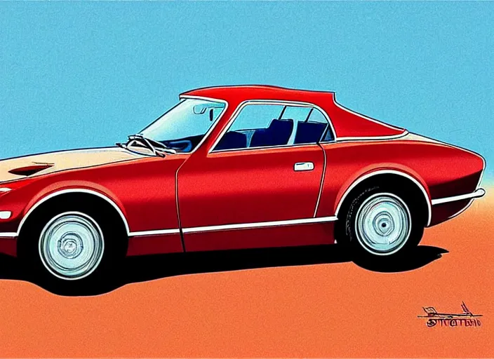 Image similar to highly detailed 1 9 6 9 red datsun fairlady roadster, retro minimalist art by jean giraud, moebius starwatcher comic, sharp, 8 k