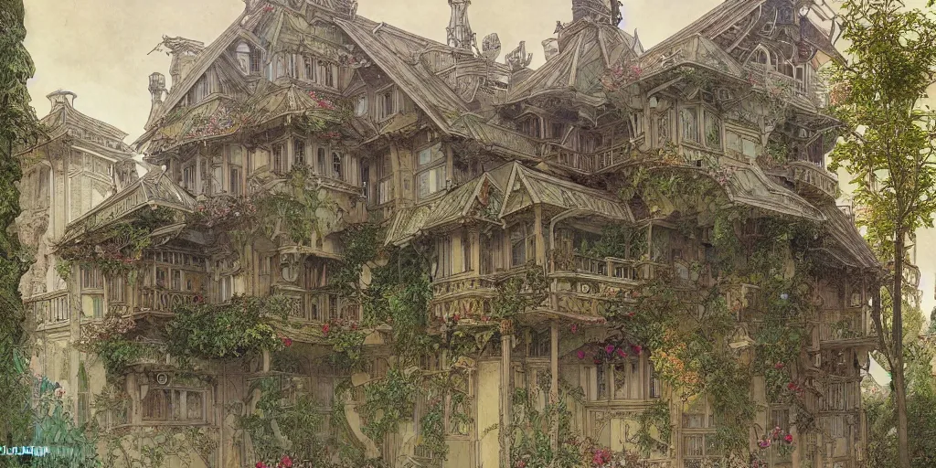 Prompt: a photo of a concept architecture art house solarpunk in the garden, style brutalism, extremely detailed, sharp focus, wide view, detailed rought paper, digital illustration, colorfull, by william turner art, by alphonse mucha